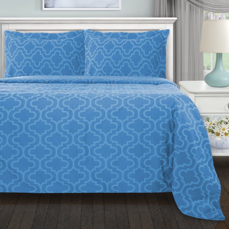 King Light Blue Cotton Flannel Duvet Cover Set - Reversible Trellis Pattern