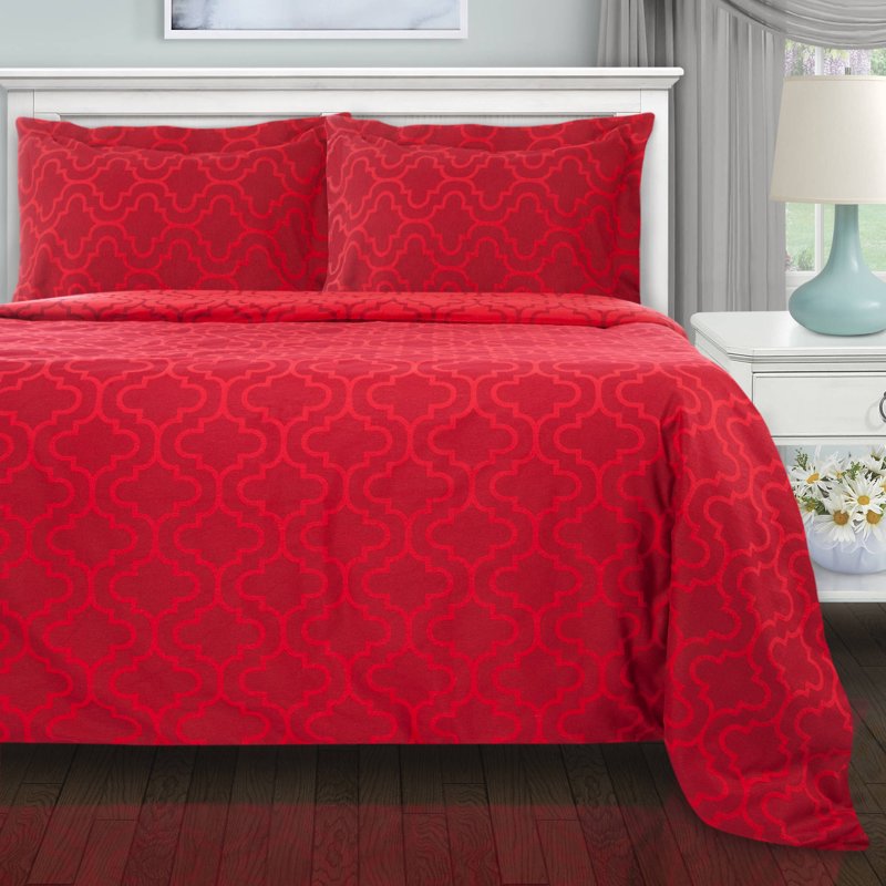 King Burgundy Cotton Flannel Duvet Cover Set - Reversible Trellis Pattern