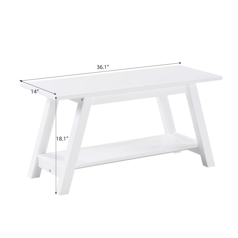 Elyz Solid Wood Bench with Shelf - 36 Inch Long, White