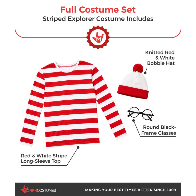 Men's Wheres Wanderer Costume Set XXL Red White Stripe Book Character Halloween