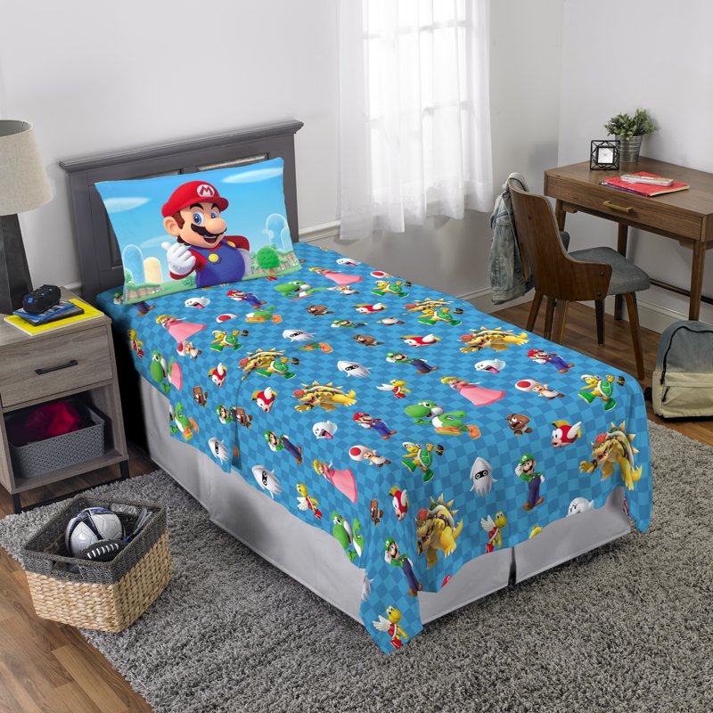 Super Mario Kids Full 4-Piece Blue Sheet Set - Microfiber Bedding