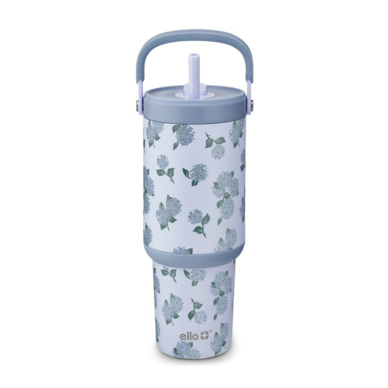 30oz Stainless Steel Tumbler with Top Handle & Straw - Hydrangea Blooms