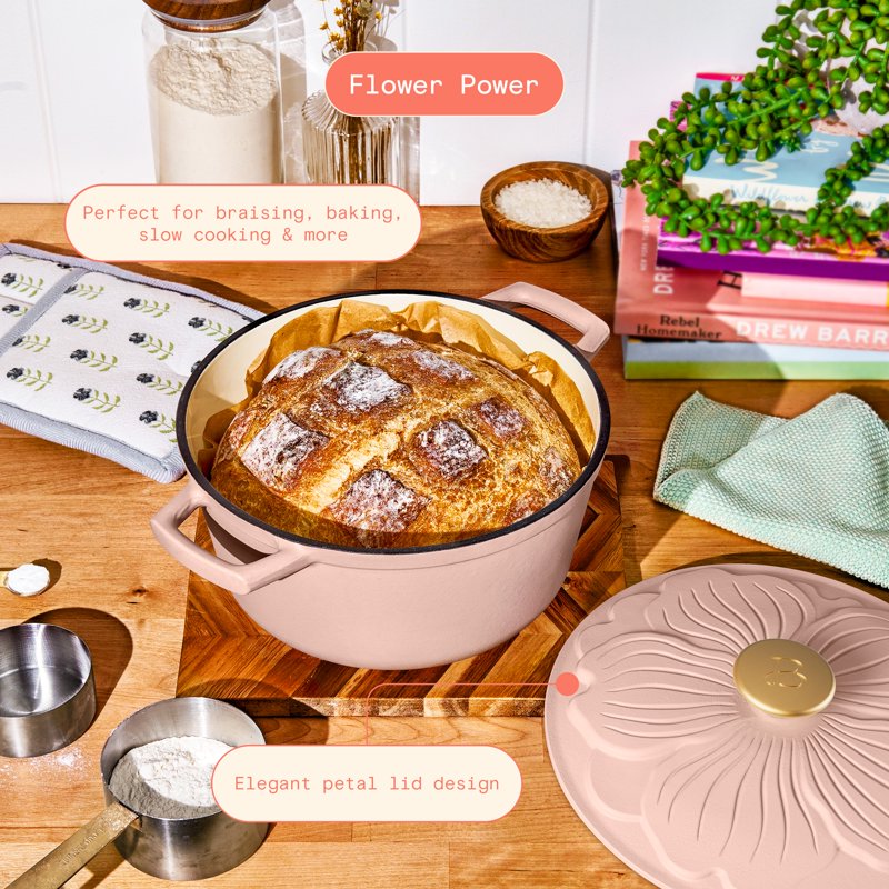 4 Quart Enameled Cast Iron Dutch Oven with Petal Lid - Rose