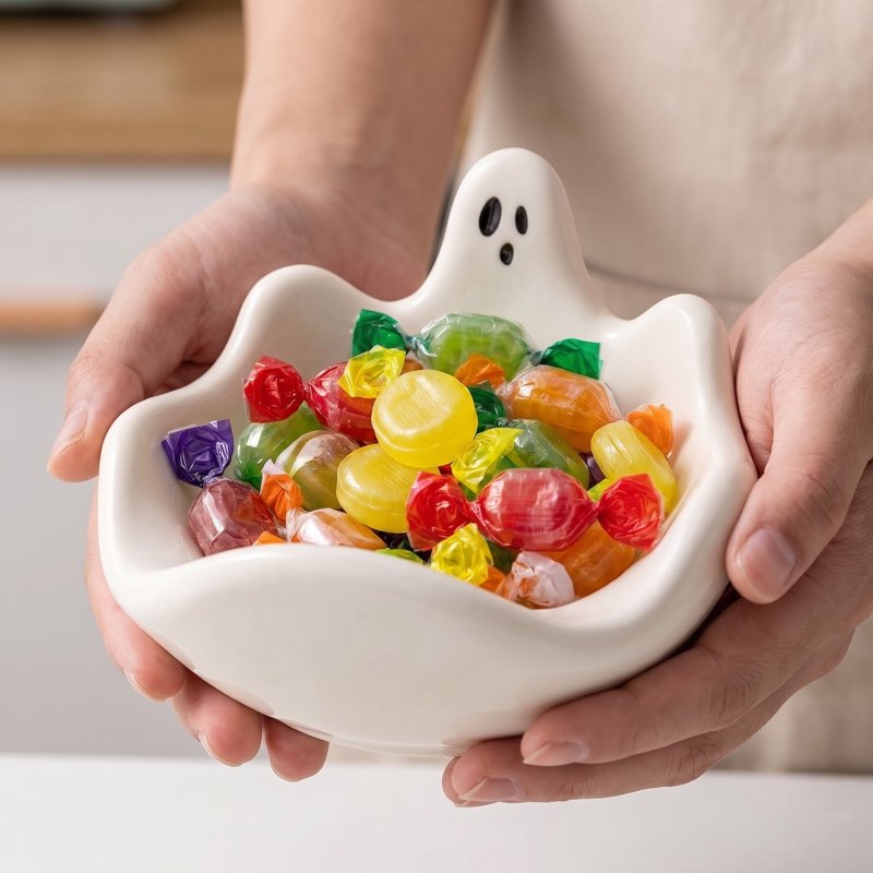 Ghost Candy Bowl - Cute White Resin Halloween Candy Dish for Snacks & Decor - Variation #011