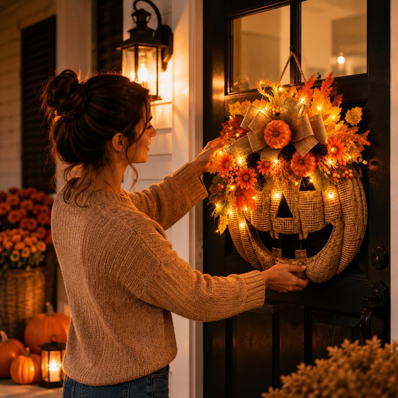 Lighted Burlap Pumpkin Wreath - 13.78-Inch Fall Door Decor with LED Fairy Lights