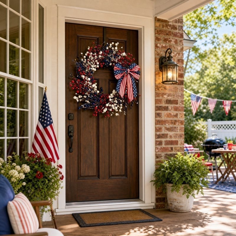 Patriotic 4th of July Wreath for Front Door - Red White Blue Flower Decor - Variation Z0B