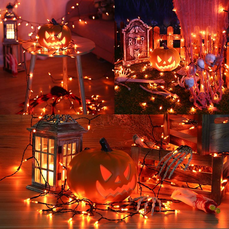 Halloween String Lights 33ft 100 LED Battery-Powered Waterproof Outdoor Indoor Orange & Purple