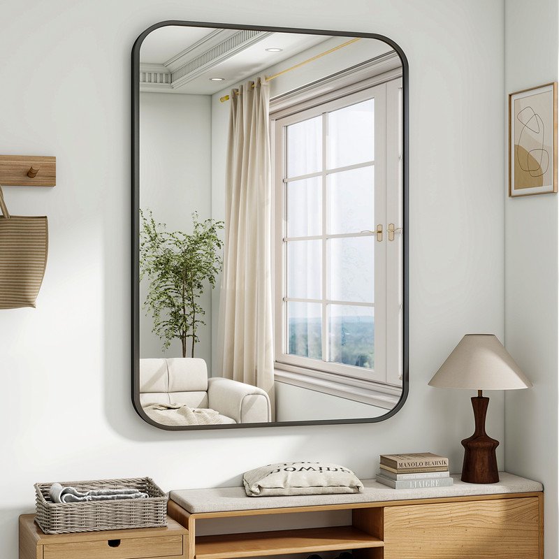 Rectangular Bathroom Mirror 40x30 Inch Wall-Mounted Vanity Mirror with Rounded Corners - Black