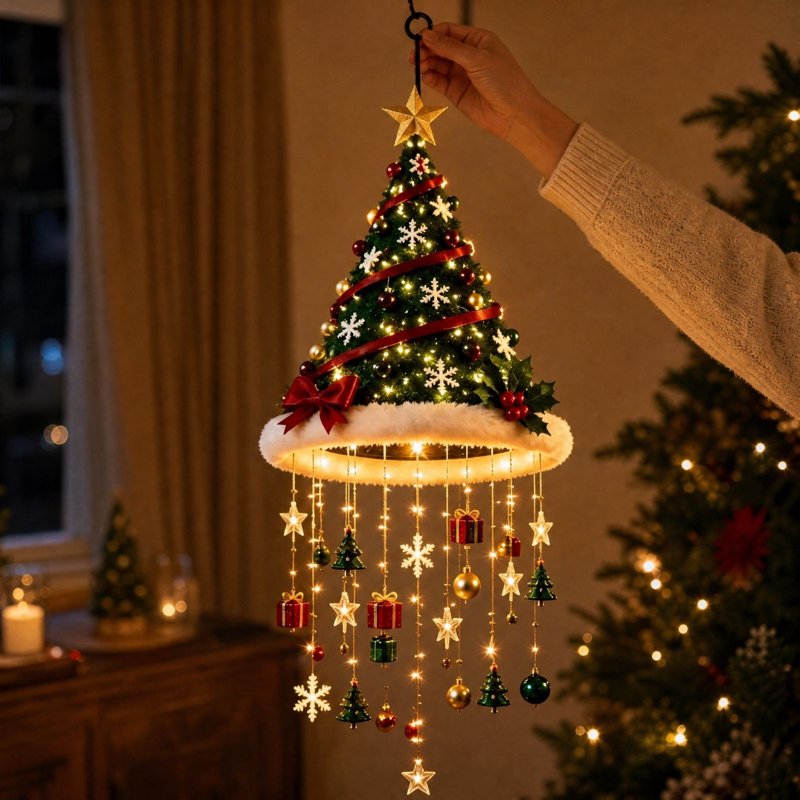 Lighted Santa Tree Chandelier with Warm Lights for Christmas Decor - Variation #9 Christmas Tree Hat
