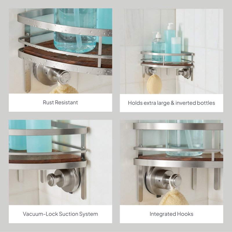 Corner Shower Caddy with Satin Nickel Finish & Acacia Wood Tray - Suction Mount, No Drilling
