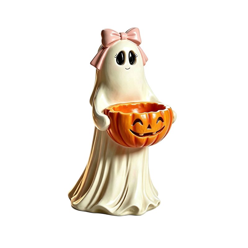 Cute Ghost Pumpkin Candy Bowl - Halloween Figurine & Treat Jar #022