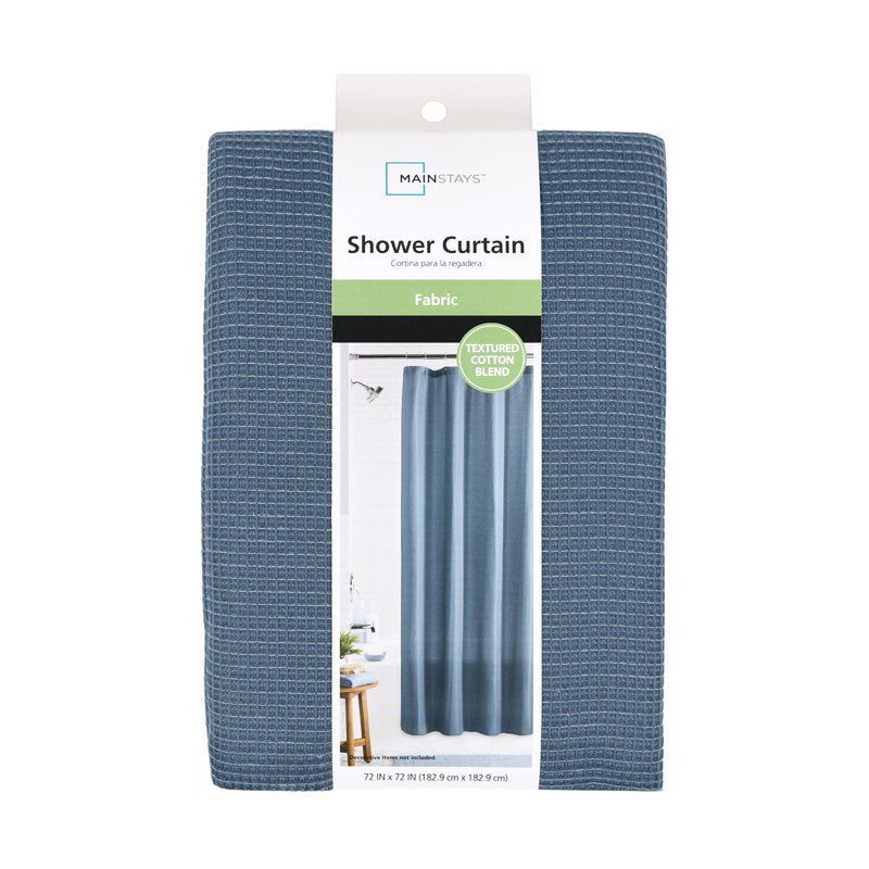 Mainstays Waffle-Weave Fabric Shower Curtain - Cotton Blend, Recycled Polyester, Blue, 72 x 72 Inches