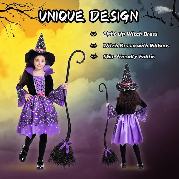 Girls LED Witch Costume with Light-Up Dress, Hat & Broom Set - Size 5-7T - Spooky Halloween Outfit