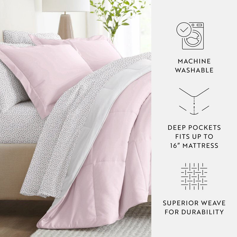 California King Ditsy Floral Blush Reversible Comforter & Patterned Sheet Set - 7 Piece Bedding Bundle
