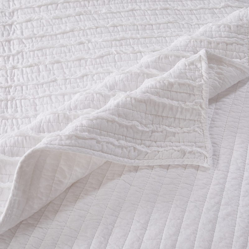 King/Cal King Cotton Ruffled Quilt Set - White, 3-Piece Oversized Bedding