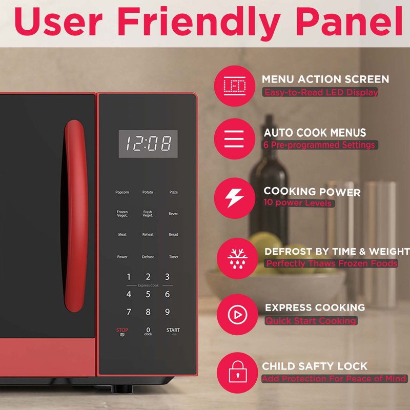 0.9 Cu. Ft. Countertop Microwave - 900 Watt, 10 Power Levels, Red