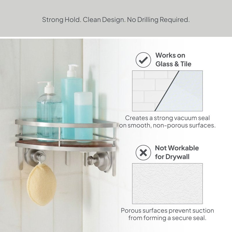 Corner Shower Caddy with Satin Nickel Finish & Acacia Wood Tray - Suction Mount, No Drilling