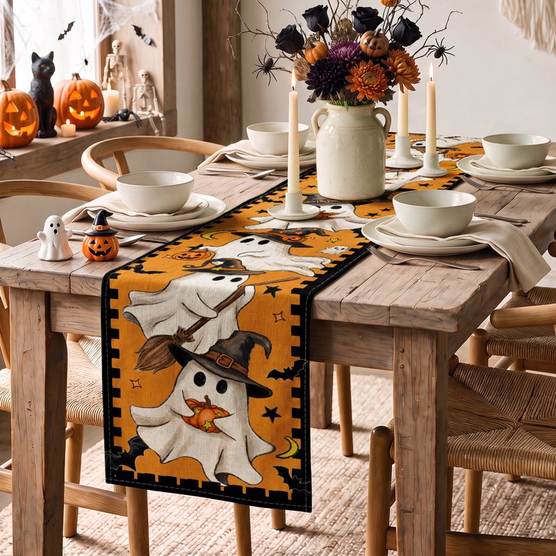 Halloween Table Runner Ghost Pumpkin 13x72 Inch - Indoor Outdoor Decor, Orange Variation H