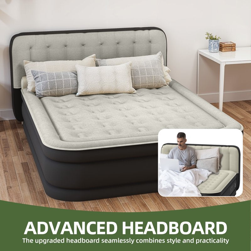 Queen Air Mattress with Pump & Built-In Headboard - Black Inflatable Bed for Home & Guest Use