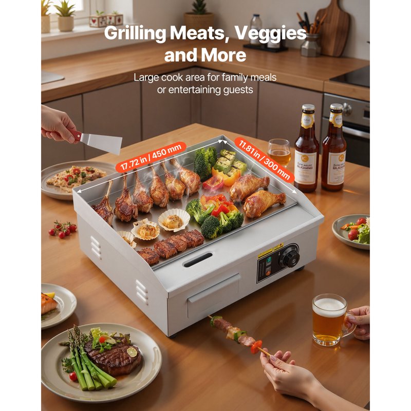 Commercial Electric Griddle - 17.72" x 11.81" Stainless Steel Flat Top Grill