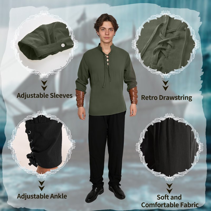 Men's Renaissance Pirate Costume Set - Medieval Shirt & Ankle Banded Pants, Green, M