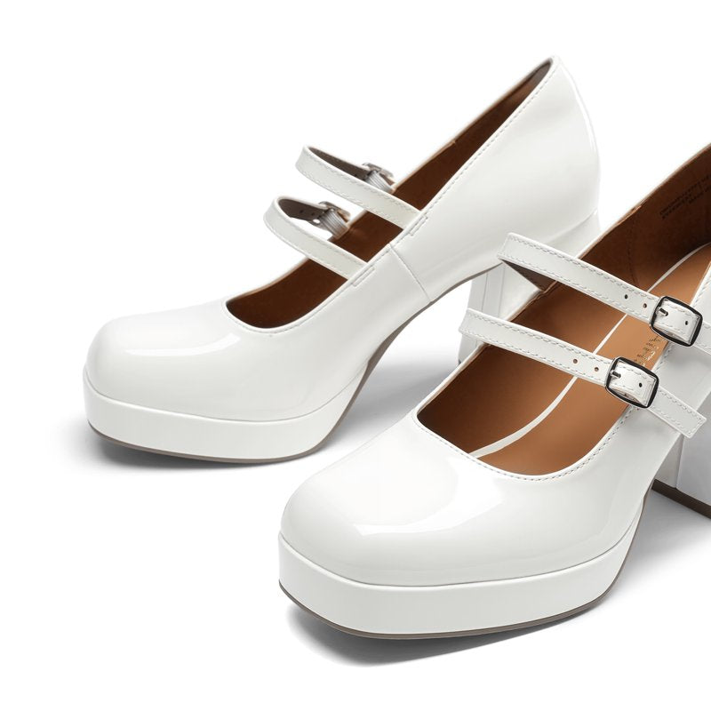 White Women's Y2K Double Strap Platform Mary Jane Heels with Square Toe and Chunky Block Heel - Size 6