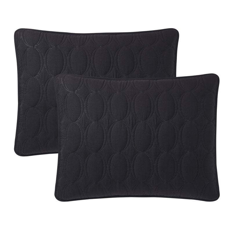 Black Geometric Quilt Set - King Size 3-Piece Bedding with Circles & Damask Design