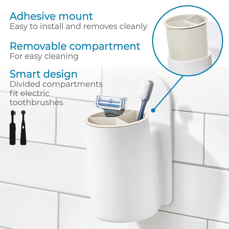 Self-Adhesive Bathroom Tumbler with Divided Sections for Toothbrushes and Essentials