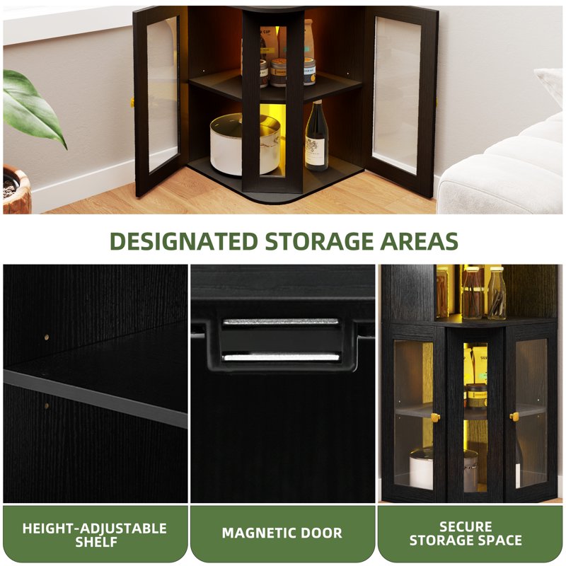 5 Tier Corner Bar Cabinet with LED Lights & Glass Holder - Black
