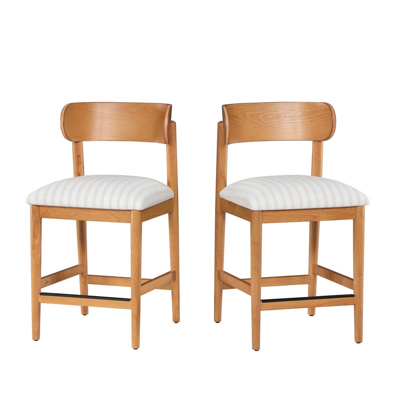 Counter-Height Stools Set of 2 - Warm Honey & Striped Linen