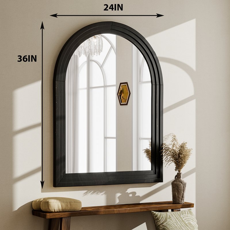 24x36 Inch Arched Wooden Frame Wall Mirror - Black Bathroom & Living Room Decor