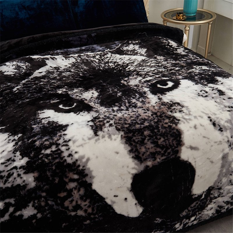 King Size Faux Mink Fleece Blanket 10lbs Heavy Wolf Design – Black & Brown