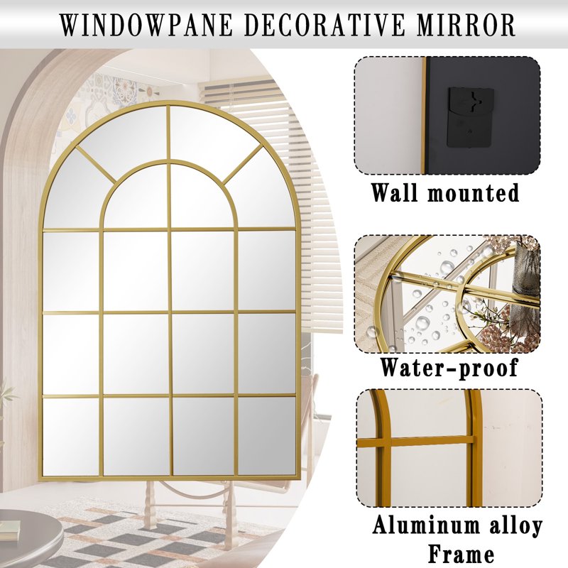 24x36 Arched Windowpane Bathroom Wall Mirror - Gold