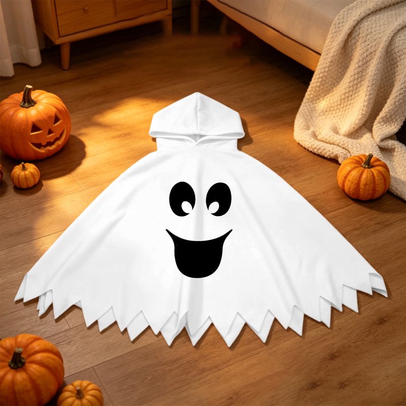 Kids Halloween Costume Ghost Face Cape - Unisex Hooded Dress Up, White, 7-9 Years