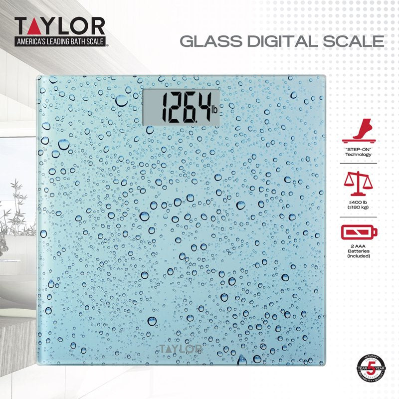 Taylor Digital Glass Bathroom Scale with Water Drop Blue Finish - Accurate 400 lb Capacity