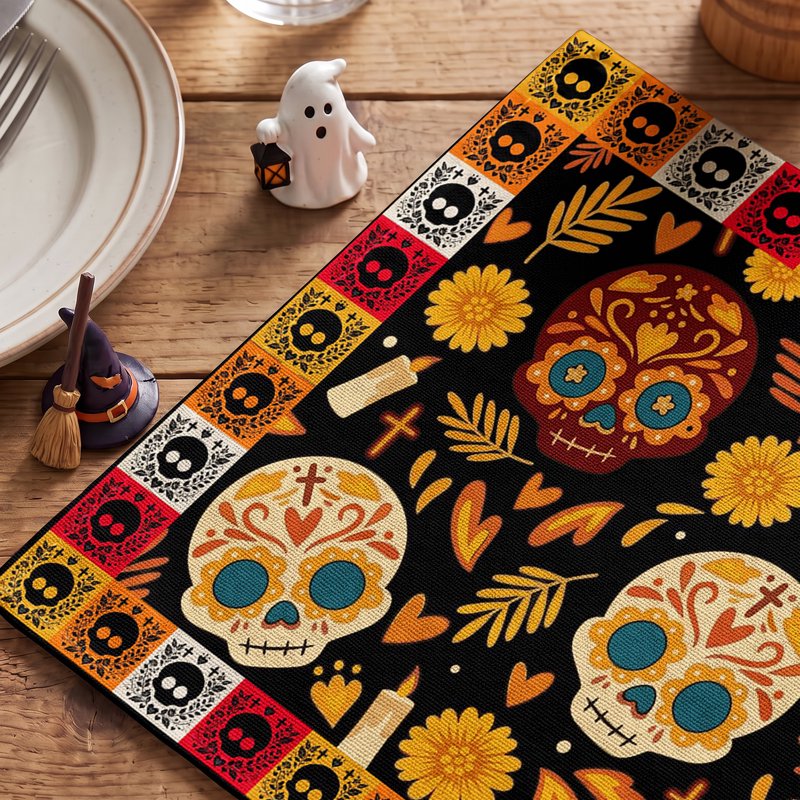 Skull Day of The Dead Printed Halloween Placemats Set of 4 12x18 Inch - Spooky Kitchen & Dining Decor Variation B