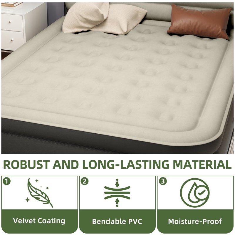 Gray Queen Size Air Mattress with Built-In Headboard & Pump - 18in Deluxe Flocked Top