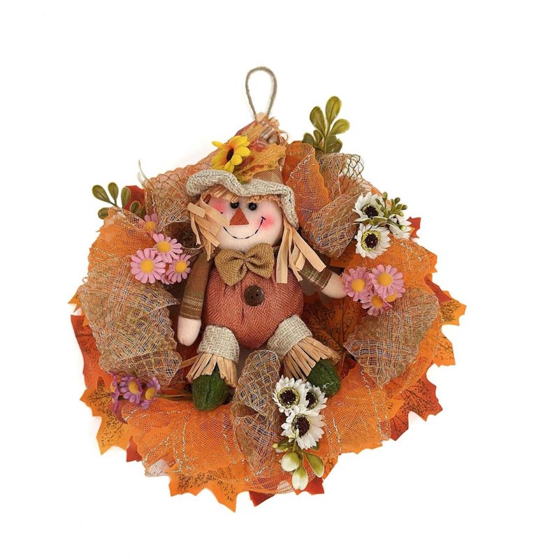 Lighted Fall Scarecrow Wreath for Front Door - 12.2 Inch Farmhouse Autumn Decor with Sunflowers & Daisies - Variation 724-8-12.2"