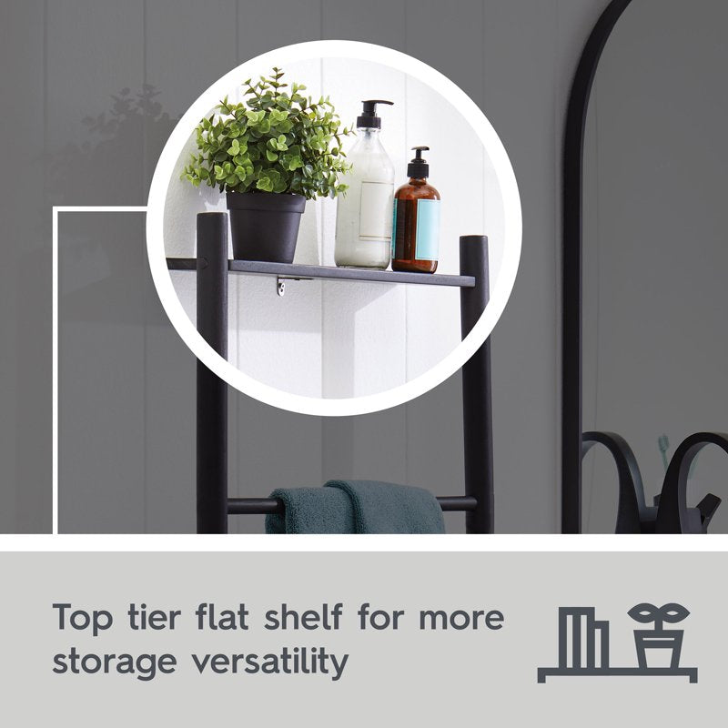 Black Freestanding Acacia Wood Towel Ladder with 4 Tiers - Space Saving Bathroom Storage