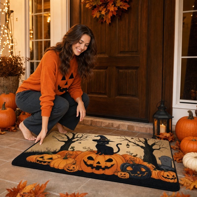 Halloween Doormat - Pumpkin Ghost Print Non-Slip Absorbent Entryway Rug - OutmaxHome