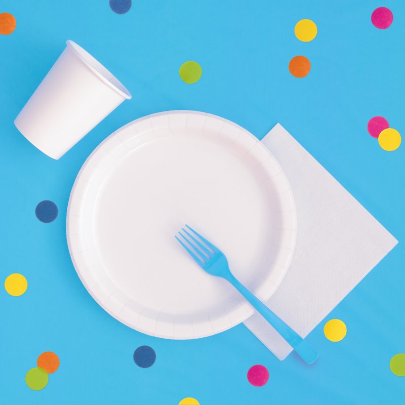 84-Inch Light Blue Round Plastic Table Cover - Single Use