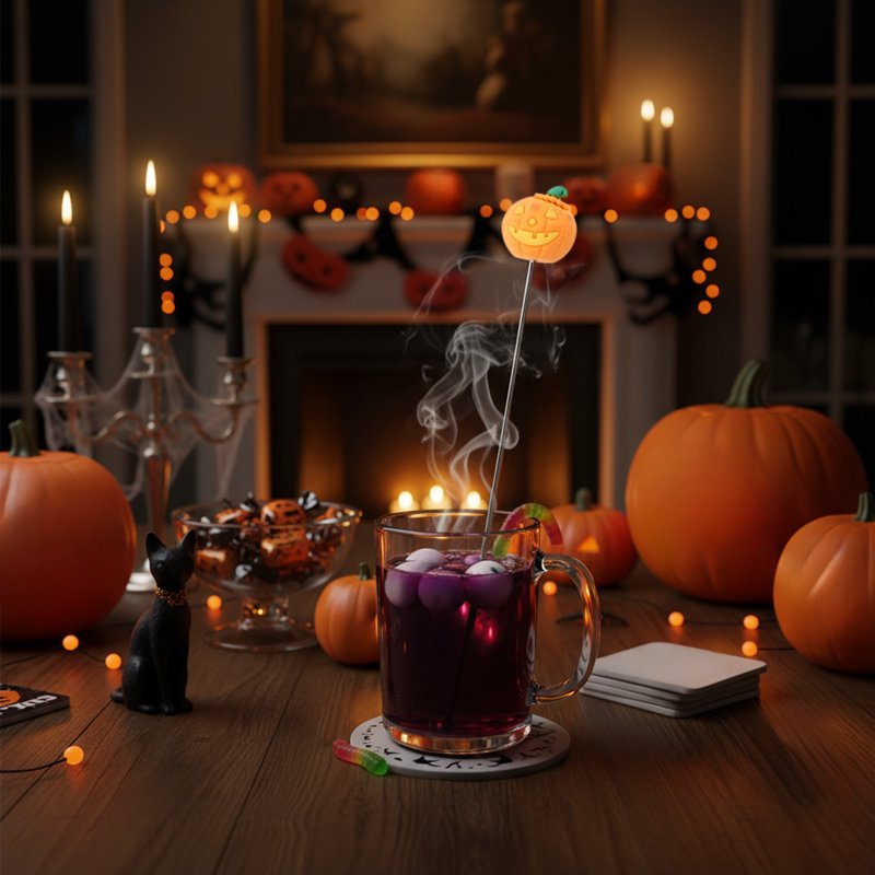 Halloween Orange Stainless Steel Cocktail Mixing Spoon with Ghost Witch Bat Pumpkin