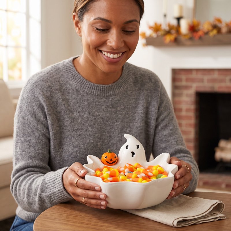 Ghost Candy Bowl Halloween Ceramic Serving Dish - White Ghost Variation #016