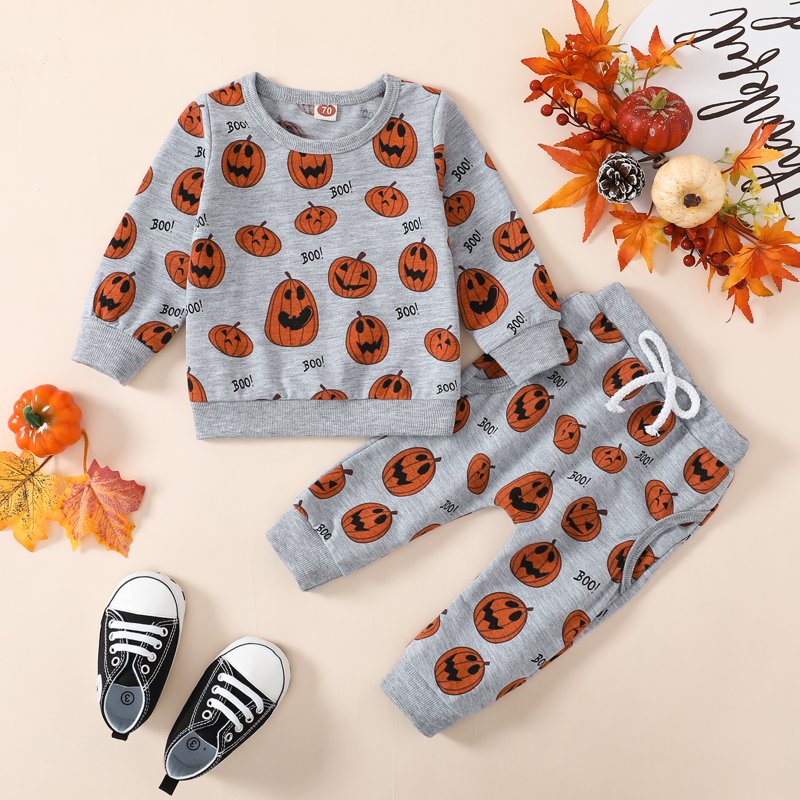 Gray Baby Halloween Clothes Set - Pumpkin Sweatshirt & Pants for 4-5T