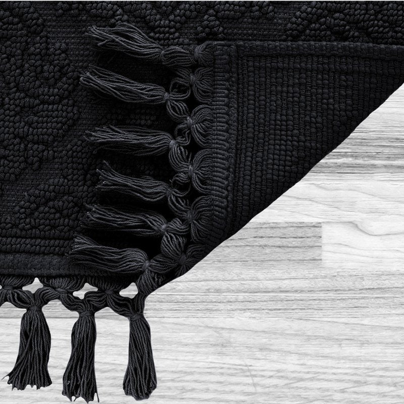 Cotton Fringe Bath Rug - Black, 21 x 34 in. Bohemian Style, Jean Pierre