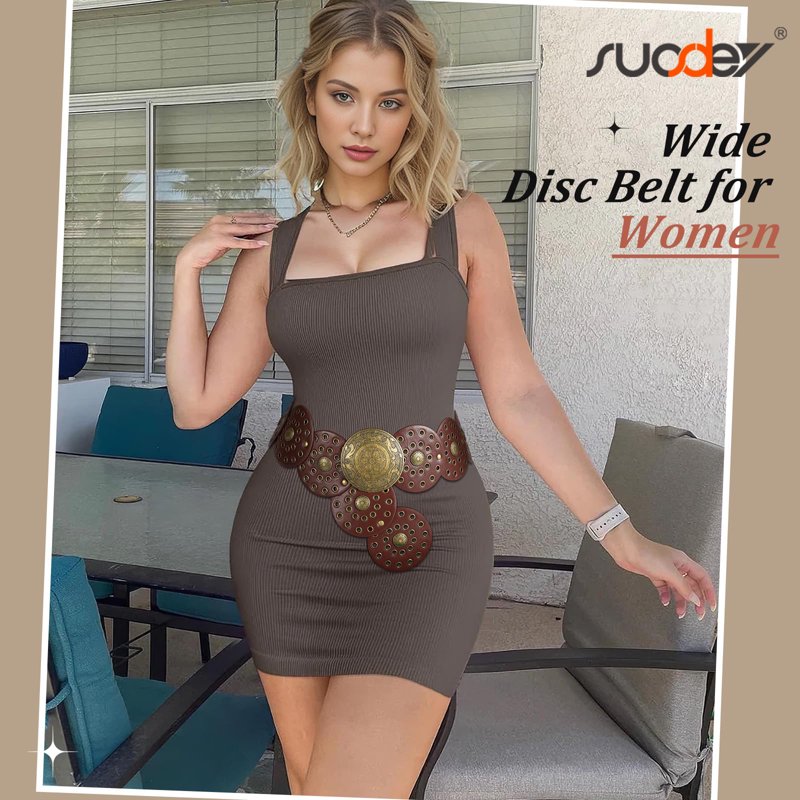 Brown Wide Leather Western Belt for Women - Boho Concho Disc Style, Up to 37"