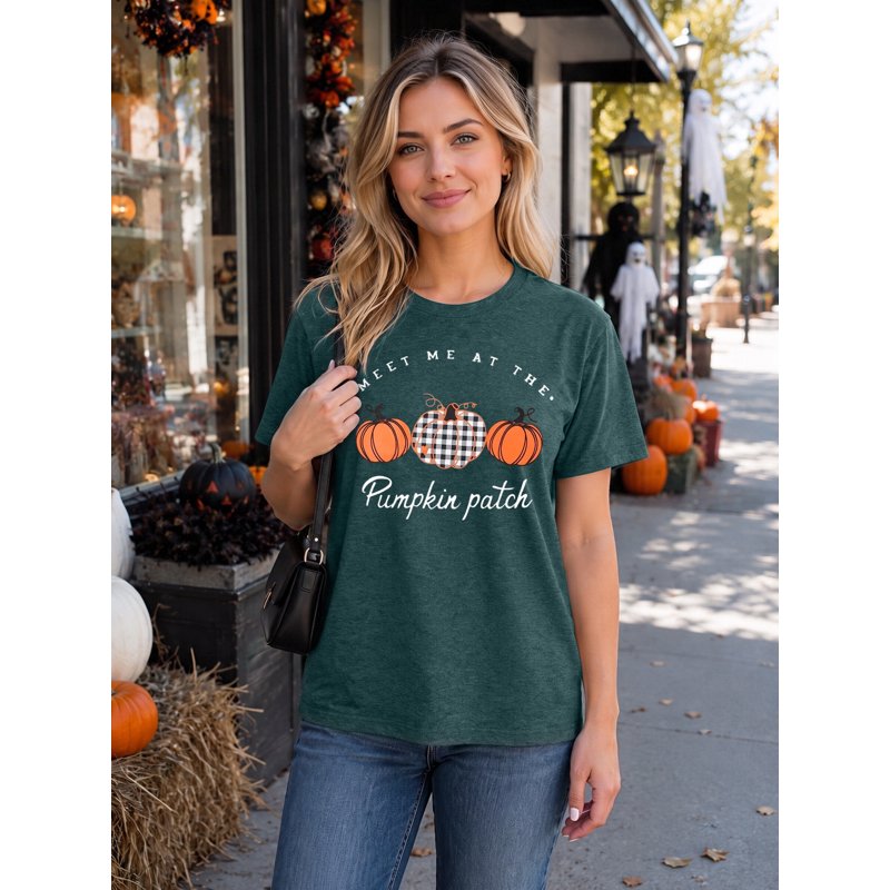 Women Halloween Pumpkin Plaid Graphic T-Shirt - Dark Green, XL