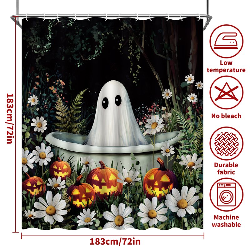 Halloween Shower Curtain with Hooks - Black Ghost Waterproof Bathroom Decor - Halloween 8