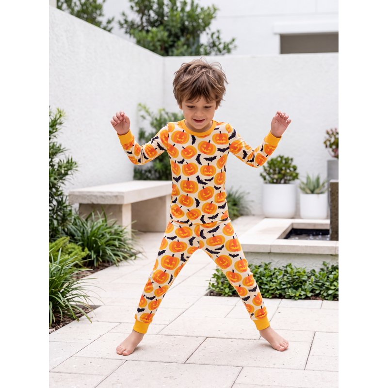 Toddler Halloween Pajama Set - Snug Fit Pumpkin Bat Long Sleeve Top & Pants 4T Orange