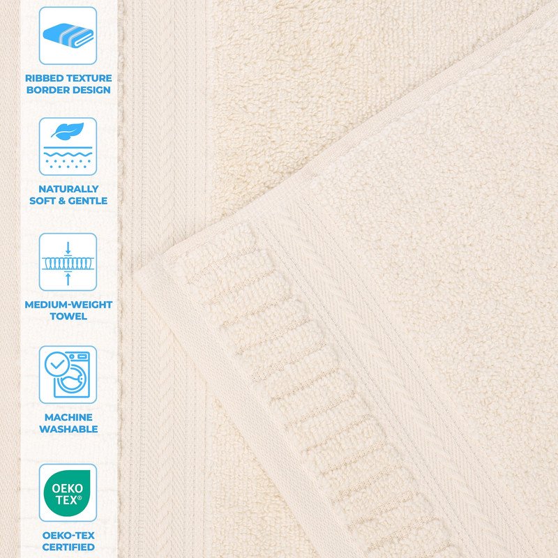 Ivory 3 Piece Towel Set - Zero Twist Cotton, Ribbed Border & Dobby Design
